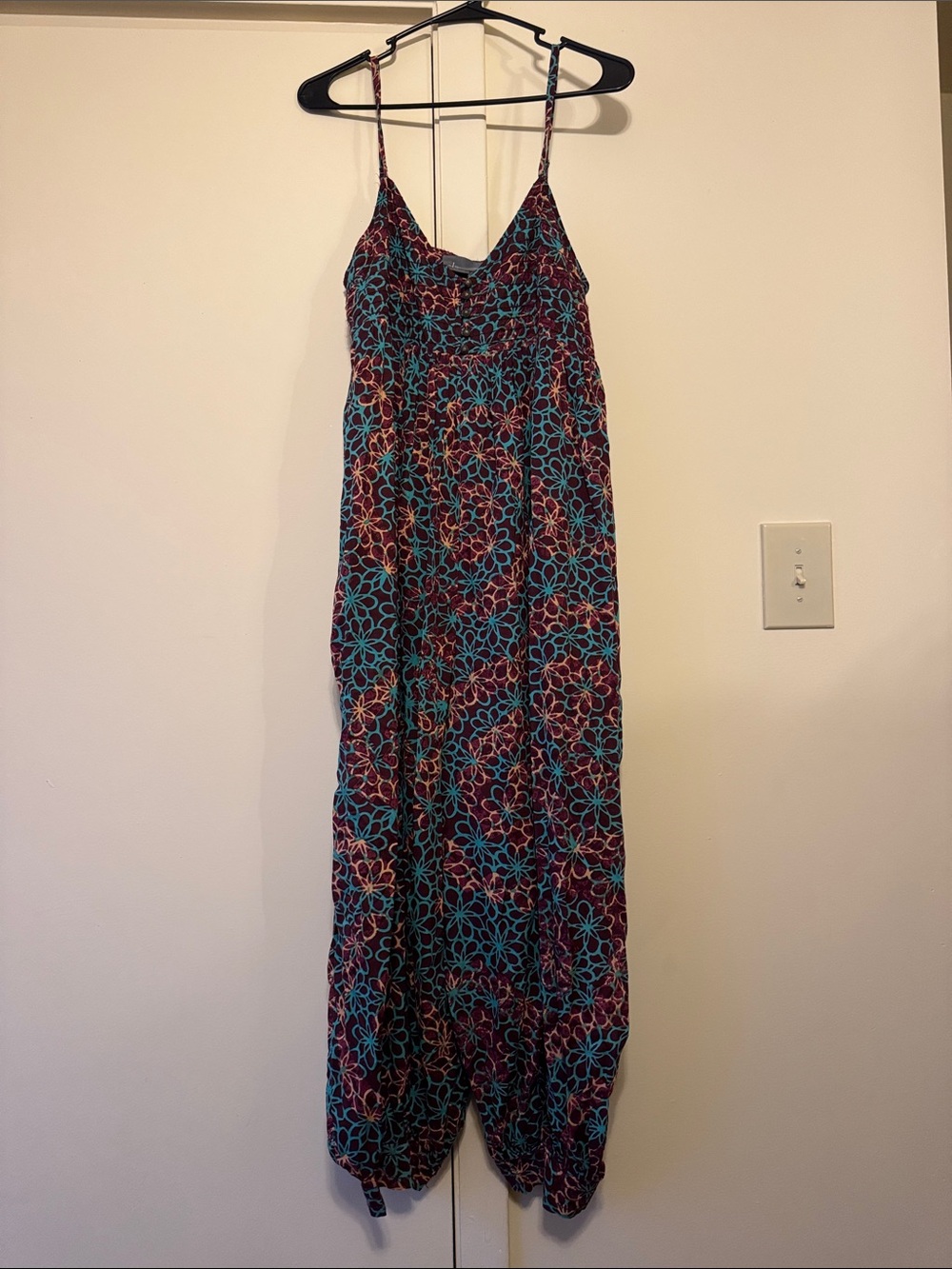 Anthropologie Floral Print Spaghetti Strap Jumpsuit in Teal and Burgundy